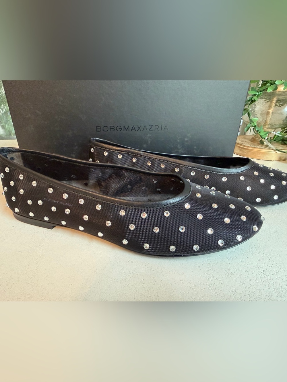 BCBGMaxAzria Black Crystal-Studded Ballet Flats ‘Daven’ Size 8.5